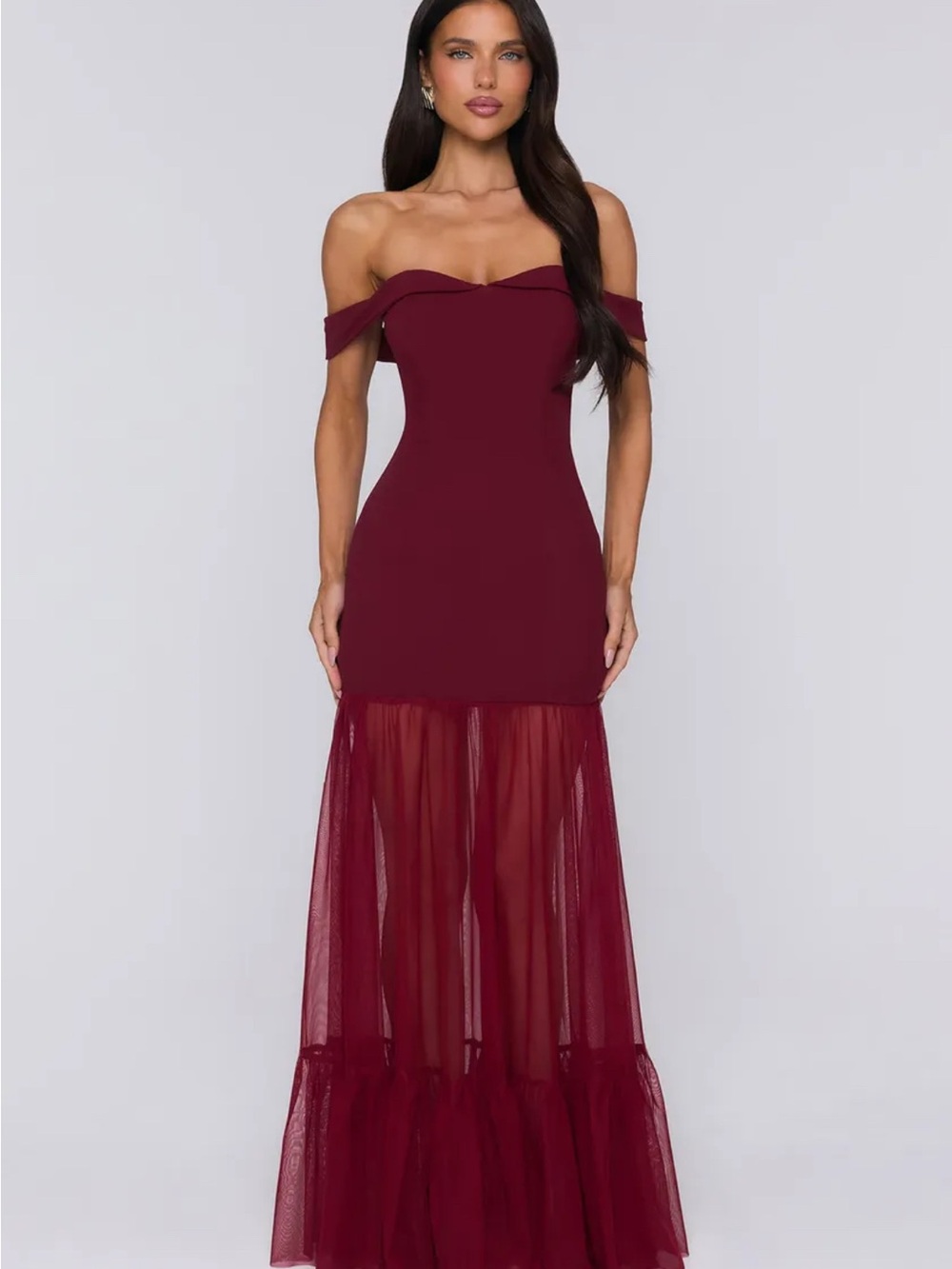 Off-Shoulder Burgundy Mesh Mermaid Evening Dress